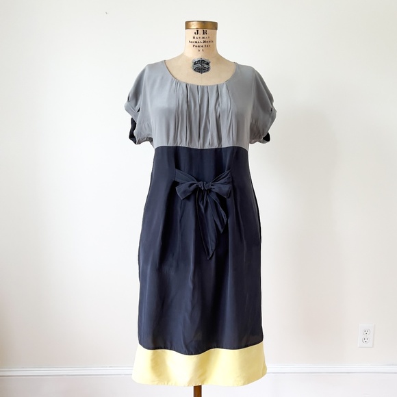 Planet 100% Silk Colour Block Pleated Midi Dress Size 10 - Tie Belt Cap Sleeves - Picture 1 of 14